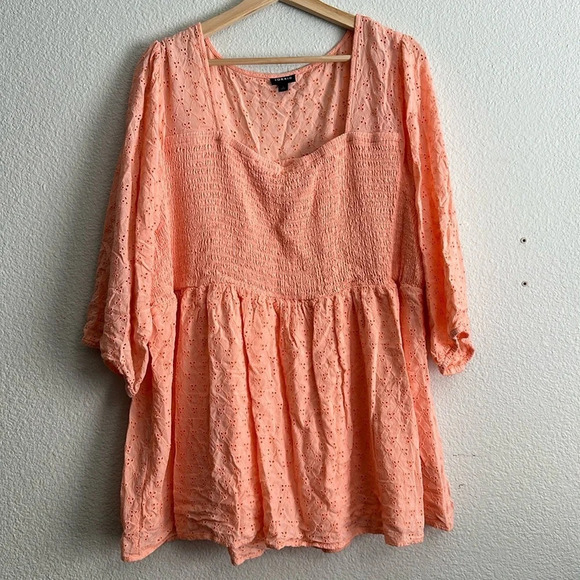 Torrid Smocked Babydoll Top - Voile Eyelet Peach Womens Size 4 - Picture 3 of 15